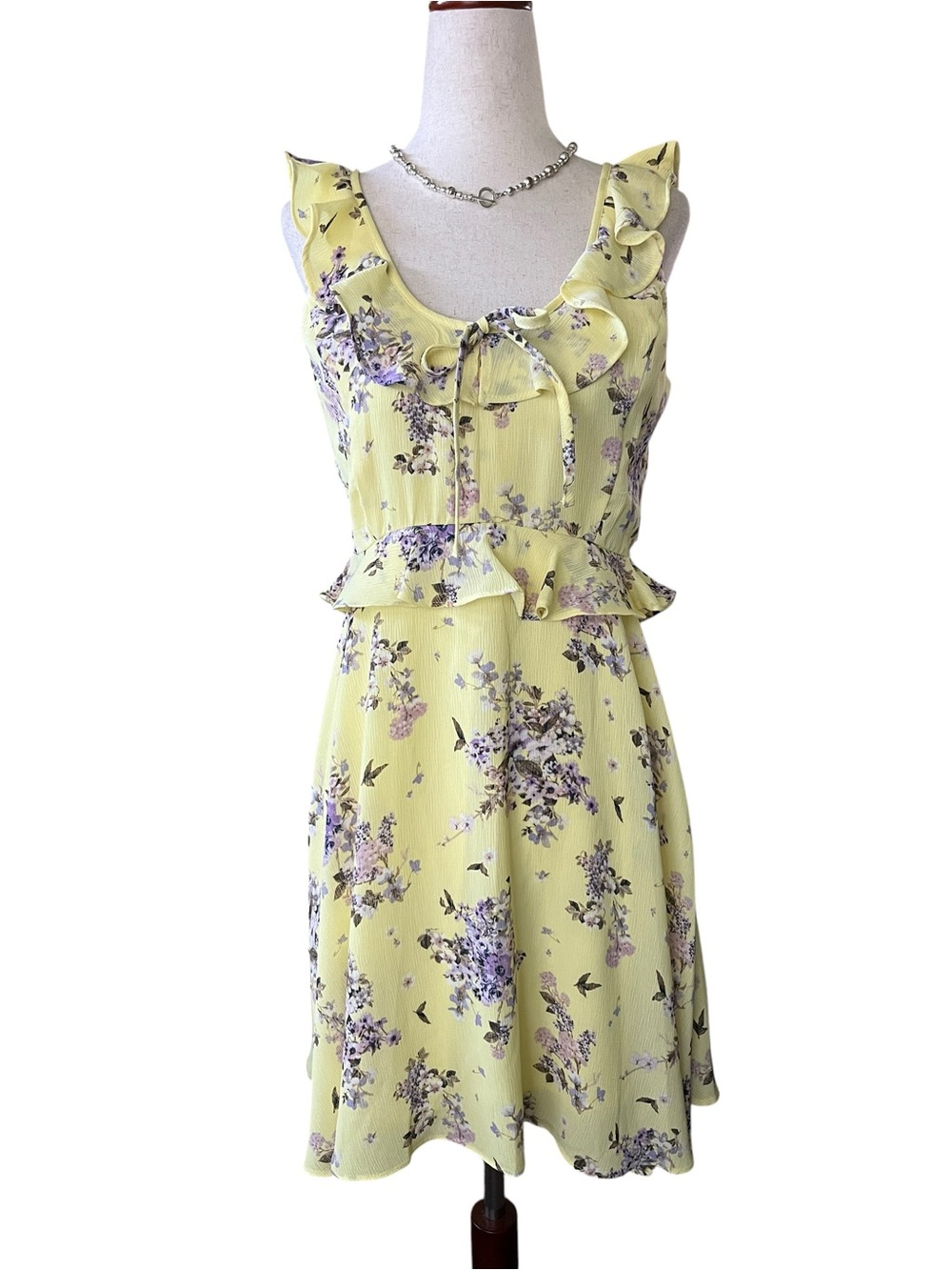 GB chiffon A-line floral dress featuring ruffle details